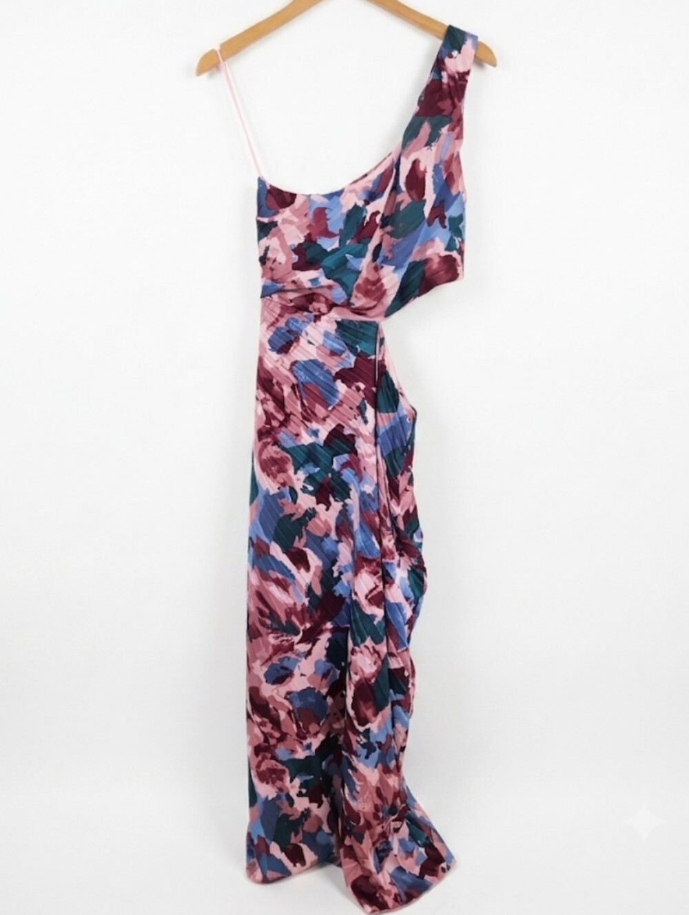 Abercrombie & Fitch One Shoulder Pink Floral Pleated Cut Out Maxi Dress New - Picture 4 of 8